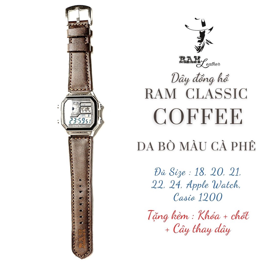 Dây đồng hồ RAM Leather vintage da bò màu cà phê