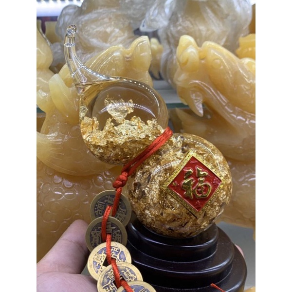 Bình hồ lô dát vàng đá pha lê treo xu ngũ đế in chữ phúc trưng phong thủy bình an may mắn