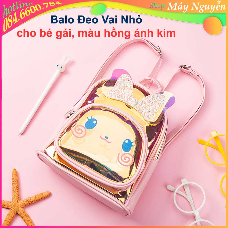Balo Đeo Vai Nhỏ Cho Bé Gái Màu Hồng Ánh Kim Chất Da Xịn Siêu Nhẹ Dễ Thương