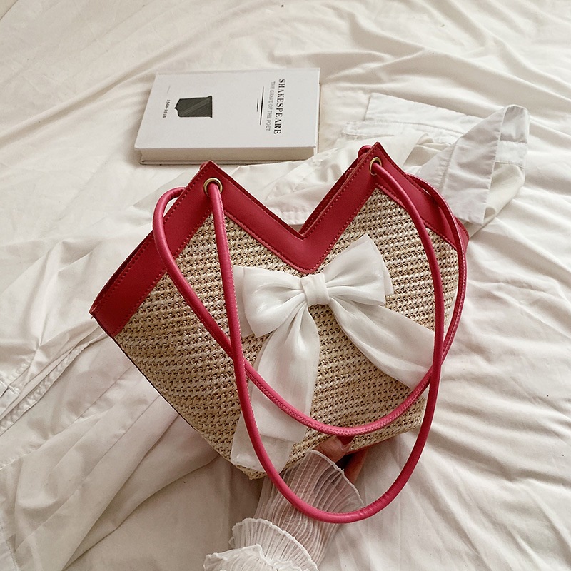 Túi đeo vai Ielgy đan sợi đính nơ sức chứa lớn thời trang cho nữ