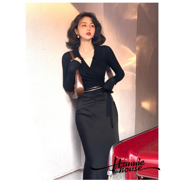 Áo dệt kim cột dây tay dài cổ chữ V màu trơn dành cho bạn nữ