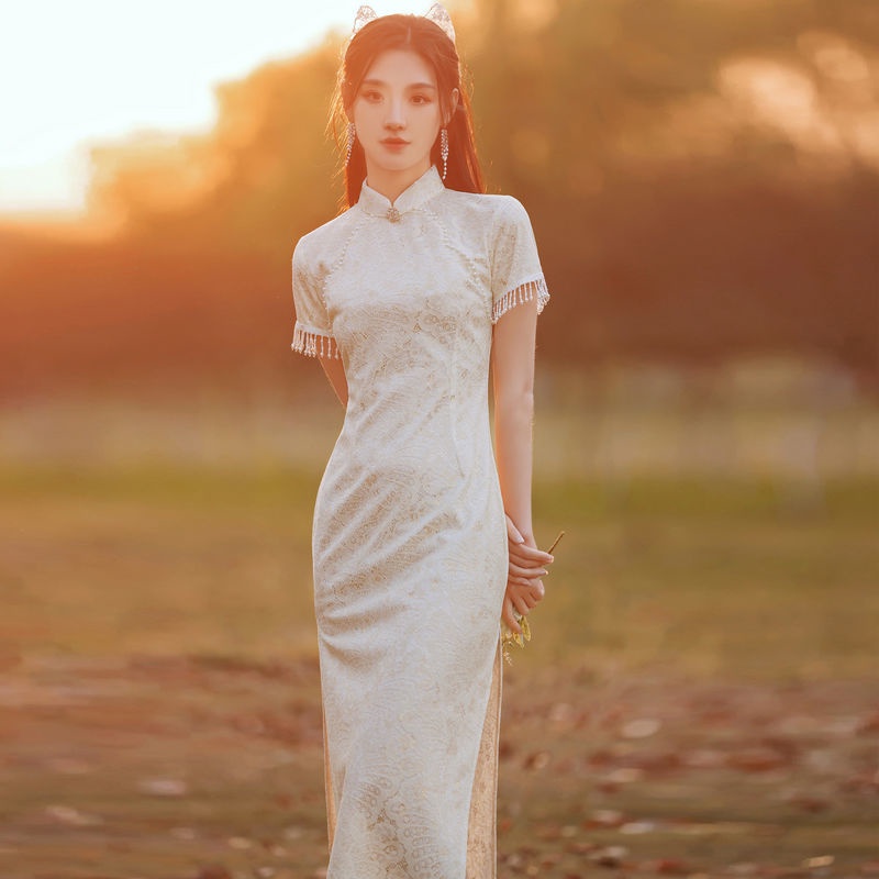 Đầm sườn xám phối ren tua rua đính ngọc trai phong cách Trung Hoa thời trang mùa hè cho nữ