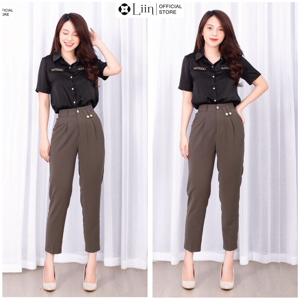Áo sơ mi nữ Cộc tay màu Đen kết hợp Xích Vàng kiểu dáng trẻ trung, hiện đại Liin Clothing SM3543