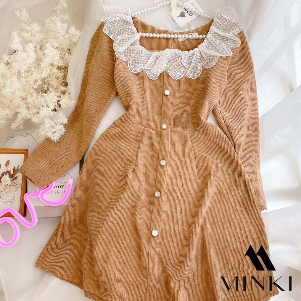 ĐẦM NHUNG GÂN 3 MÀU CỔ REN TRẮNG - CHẤT LIỆU CAO CẤP - MÀU HỒNG / NÂU / XANH