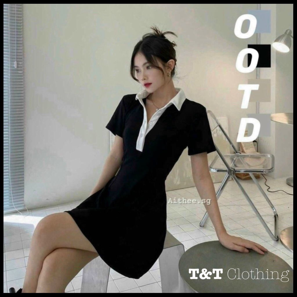 Đầm Polo Nữ Đen cổ trắng Dáng Ôm Váy Nữ Ngắn Body Ngắn | By 23t.shop | BigBuy360 - bigbuy360.vn