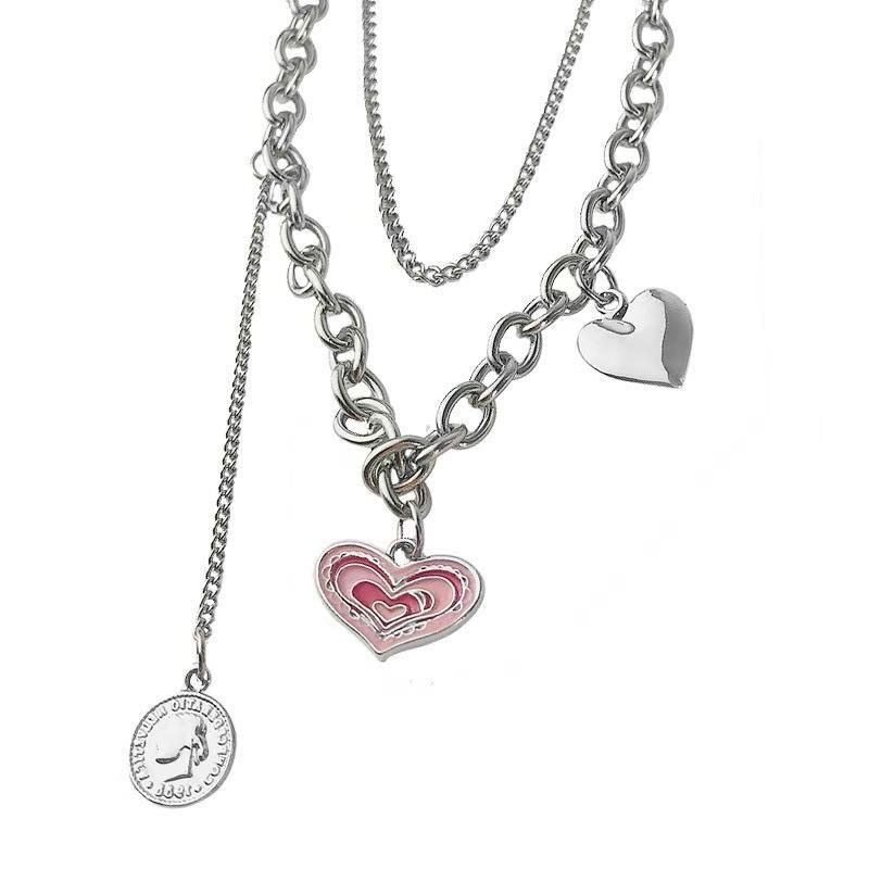 Vòng cổ Hai Lớp Mặt Hình Trái Tim Màu Hồng Phong Cách Nhật Bản Và Hàn Quốc Thiết Kế niche Cá Tính ins