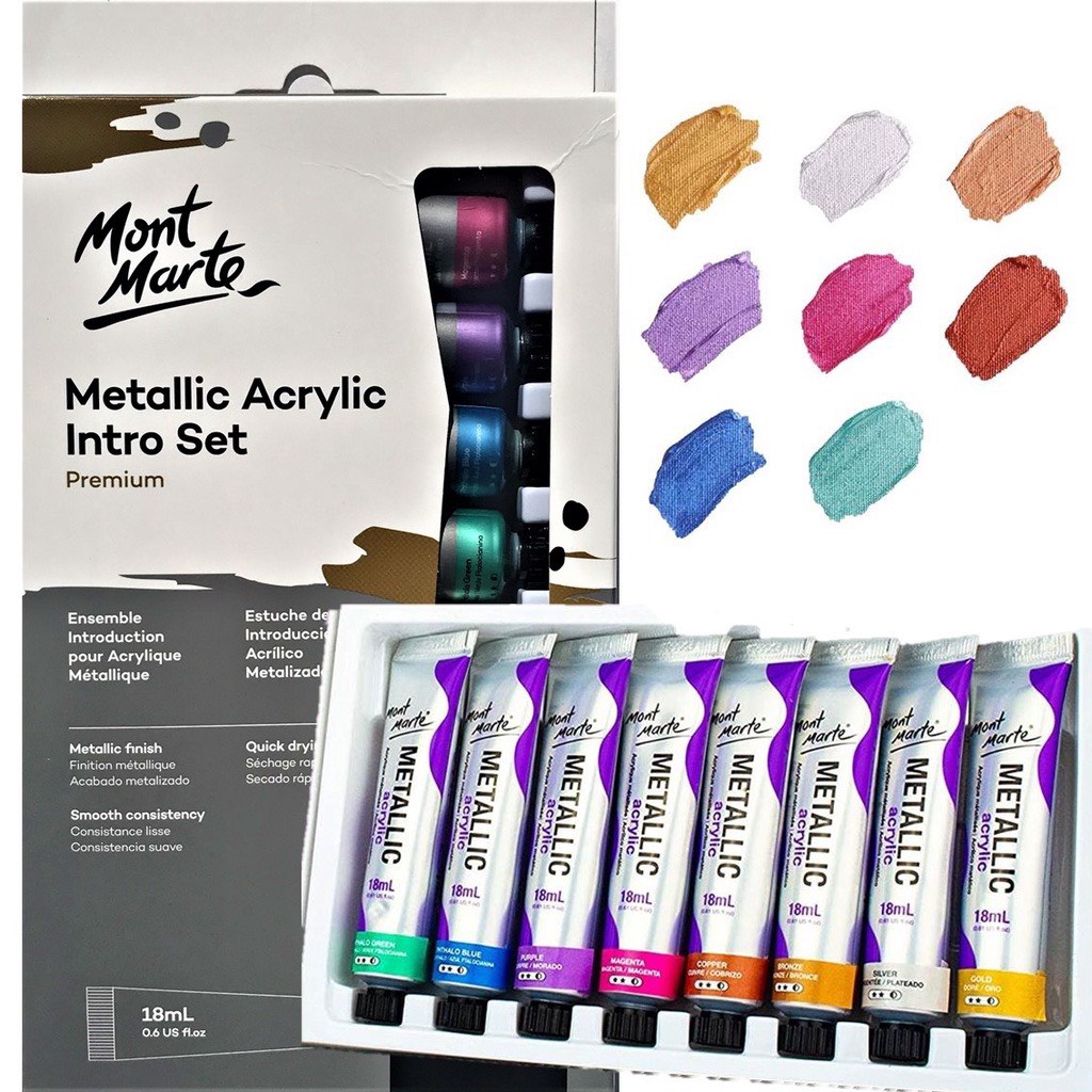 [Tặng giấy vẽ] Bộ 8 Màu Nhũ Metallic Acrylic Mont Marte 18ml - Metallic Acrylic Paint