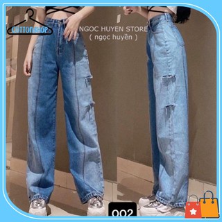 [Giá siêu rẻ] Quần jeans ống rộng rách sườn loang màu, kèm ảnh thật