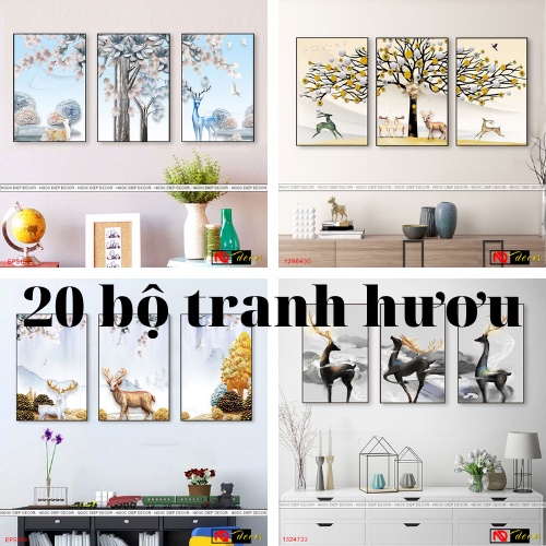 Tranh treo tường, bộ tranh hươu 3 tấm treo phòng khách, phòng ăn