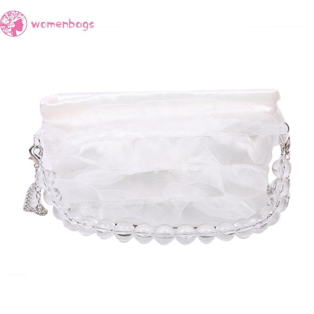 Túi đeo vai/ xách tay lụa satin lưới phối chuỗi dây hạt acrylic thanh lịch thời trang cho nữ | BigBuy360 - bigbuy360.vn