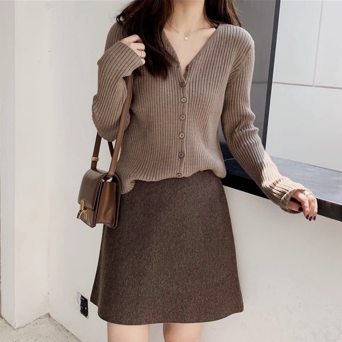【Hana and Alice】Áo Cardigan Dệt Kim Tay Dài Cổ Chữ V Dáng Ôm Đơn Giản Trẻ Trung