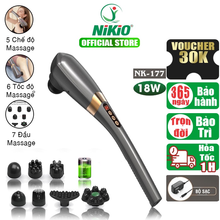 Máy massage cầm tay 7 đầu pin sạc Nikio NK-177 - Dòng cao cấp, 5 chế độ và 6 tốc độ mát xa