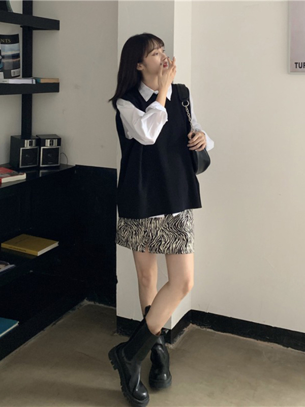 Set áo sơ mi tay dài kèm áo khoác len không tay và chân váy chữ A thời trang dành cho nữ | BigBuy360 - bigbuy360.vn