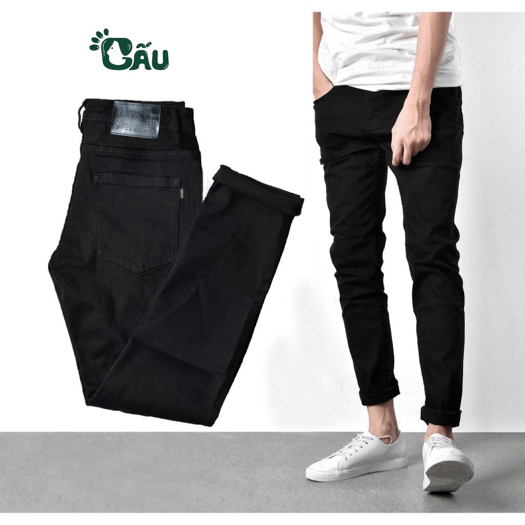 Quần jean nam đen Gấu 194 trơn &amp; rách vải jeans bò cotton duck cao cấp mềm mịn, co dãn - form slim fit [có Bigsize]