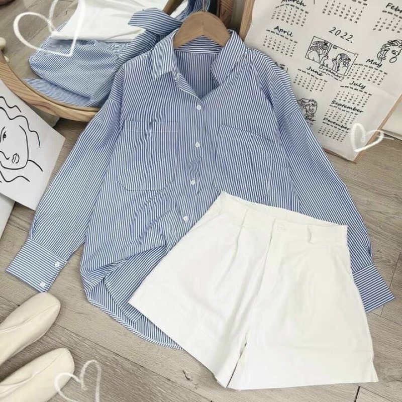 SET SƠ MI SỌC XANH SHORT TRẮNG BẦU