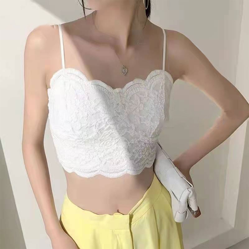 Brroa Áo Croptop Hai Dây Phối Ren Hoa Màu Trơn Có Đệm Ngực Phong Cách Vintage Cho Nữ