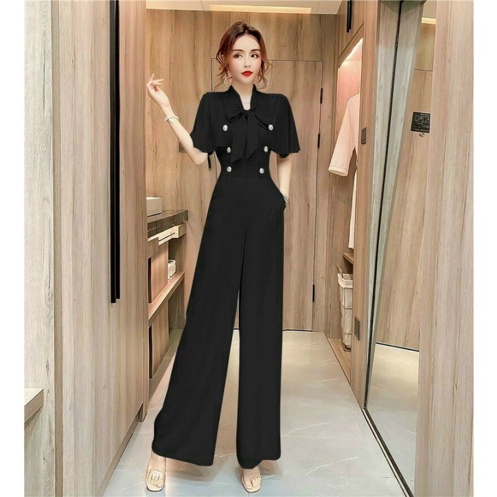 Hàng nhập - Jumpsuit dài ống rộng tay cánh tiên, bộ jum đồ bay lụa phối voan