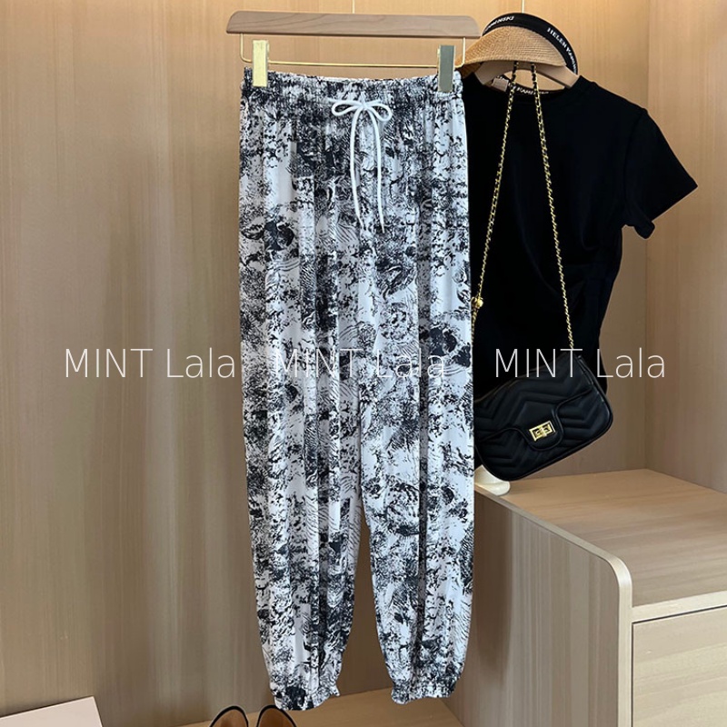 Quần Mặc Nhà Nữ Dài Vải Thun Lạnh Ống Rộng Bo Gấu
