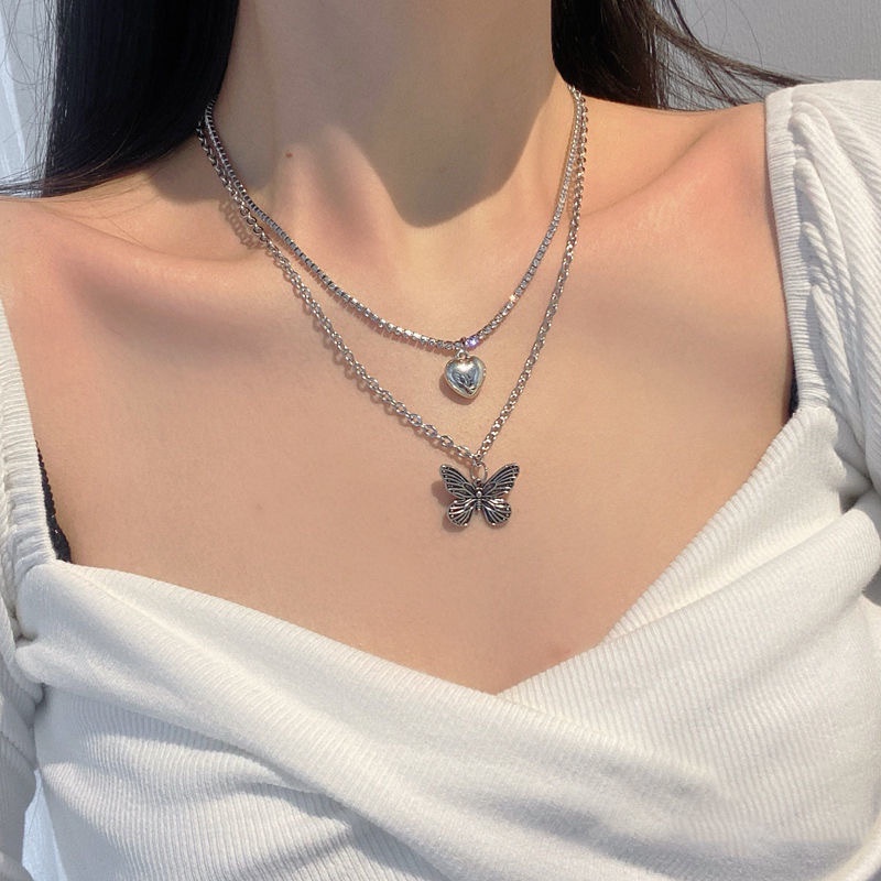 Vòng cổ choker dạng xích gắn hình trái tim/bướm/trăng/sao đính ngọc trai kiểu Hàn Quốc