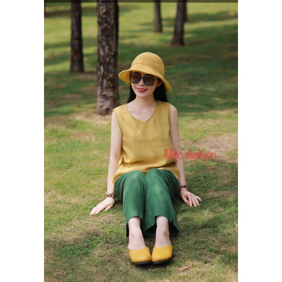 Bộ linen cổ tim sát nách quần ống tộng đủ size S đến XL 44-63kg