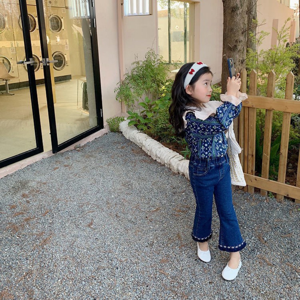 Set Áo Sơ Mi Hoa + Quần Jeans Ống Loe Phong Cách Hàn Quốc Cho Bé Gái