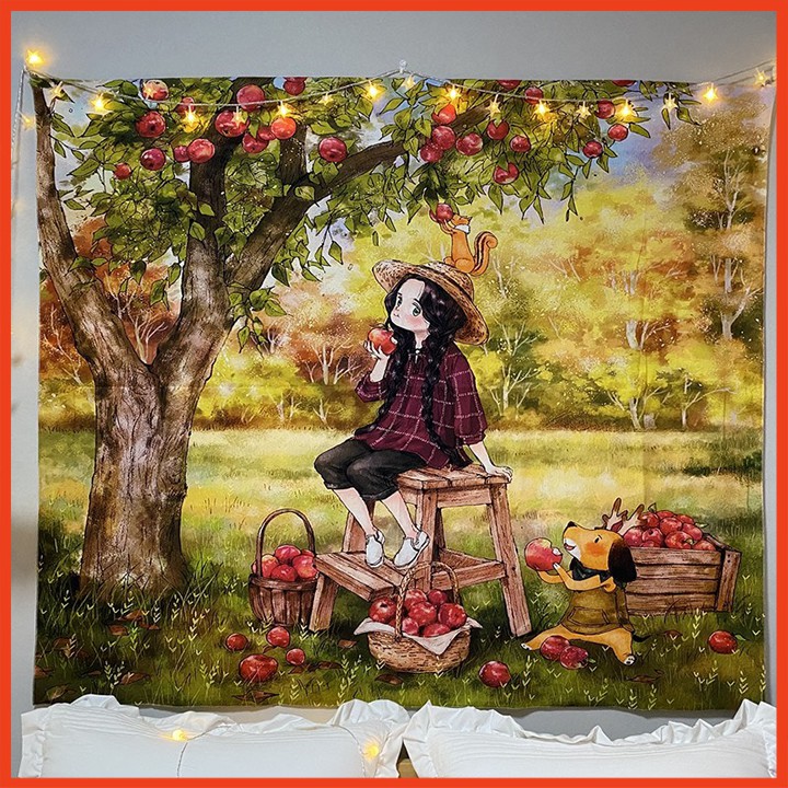 Thảm Treo Tường Trang Trí Phòng Ngủ họa Tiết Cô Gái Đáng Yêu Kích Thước 70x100cm
