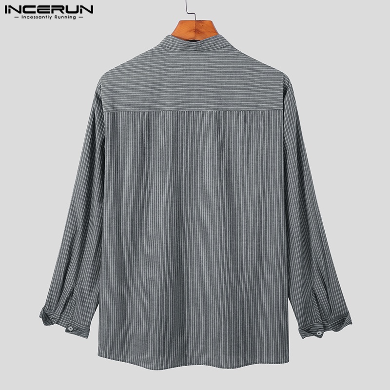 Áo sơ mi henley cotton cổ đứng tay dài kẻ sọc Incerun dành cho nam giới