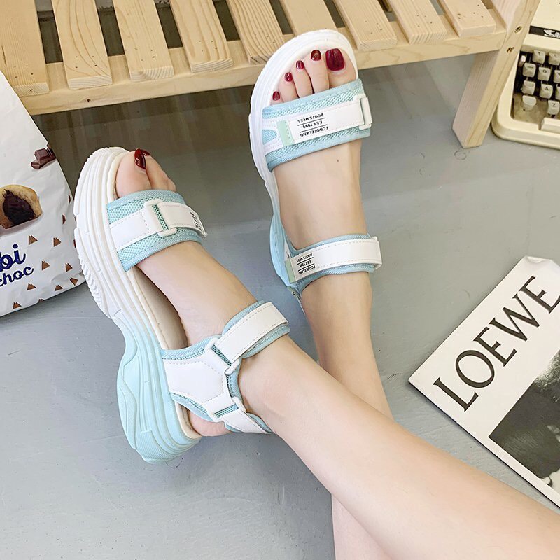 Dép sandal quai hậu học sinh đế xuồng màu xanh-Sandal quai hậu độn đế 4cm