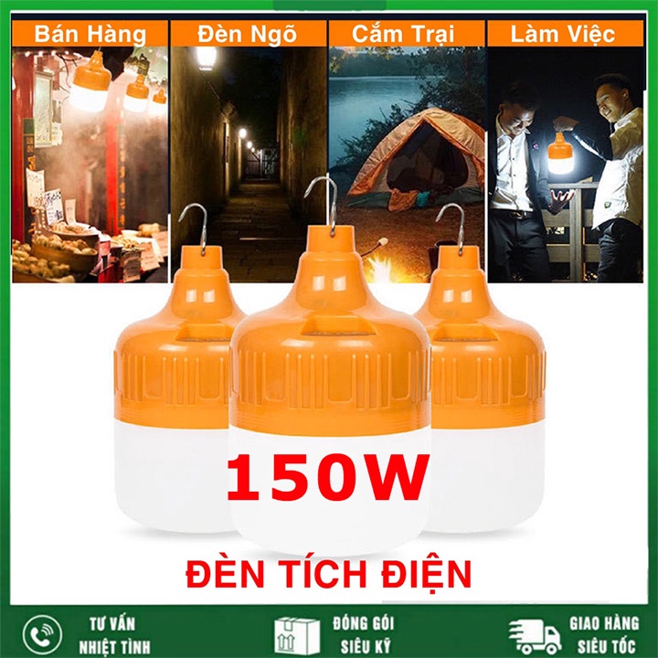 Bóng đèn Led sạc tích điện 6-8H công suất 150W siêu sáng có móc treo tiện dụng, tích hợp 2 pin 18650 tặng kèm cap sạc DC