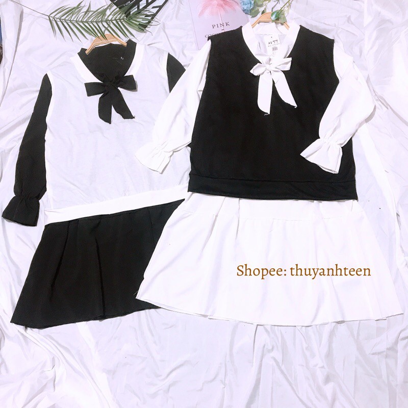 Set váy babydoll buộc nơ cổ kèm áo gile trơn form thụng, set váy tiểu thư ulzzang 3 tầng kèm áo đi học đi chơi | BigBuy360 - bigbuy360.vn