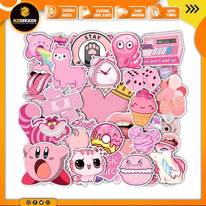 Sticker dán mũ bảo hiểm màu hồng , nhãn dán chống nước cắt sẵn dán mũ 1/2 , dán latop , dán đàn ghita...