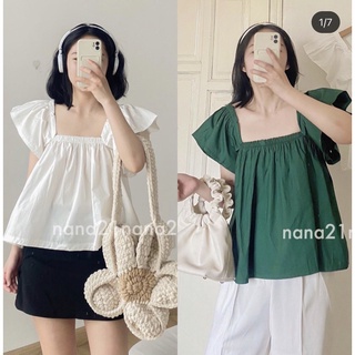 Áo bệt vai cánh tiên tay bo chun ngực vuông chất thô đũi phong cách hàn quốc march.clothes