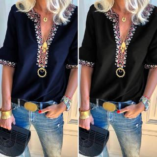 Áo sơ mi tay lỡ hoạ tiết thổ cẩm thiết kế cổ chữ V nữ tính