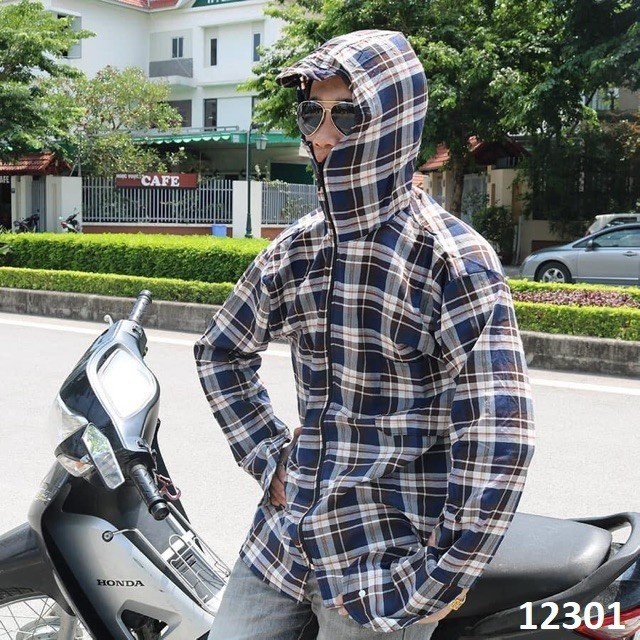 Áo chống nắng nam nữ 2 lớp thô kẻ kèm khẩu trang