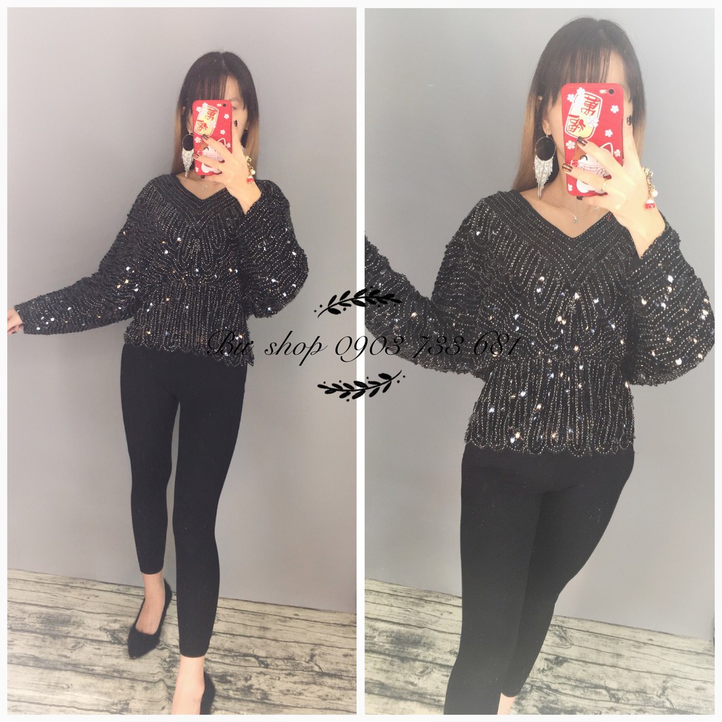 A001D - Áo cánh dơi peplum kim sa đen kết cườm