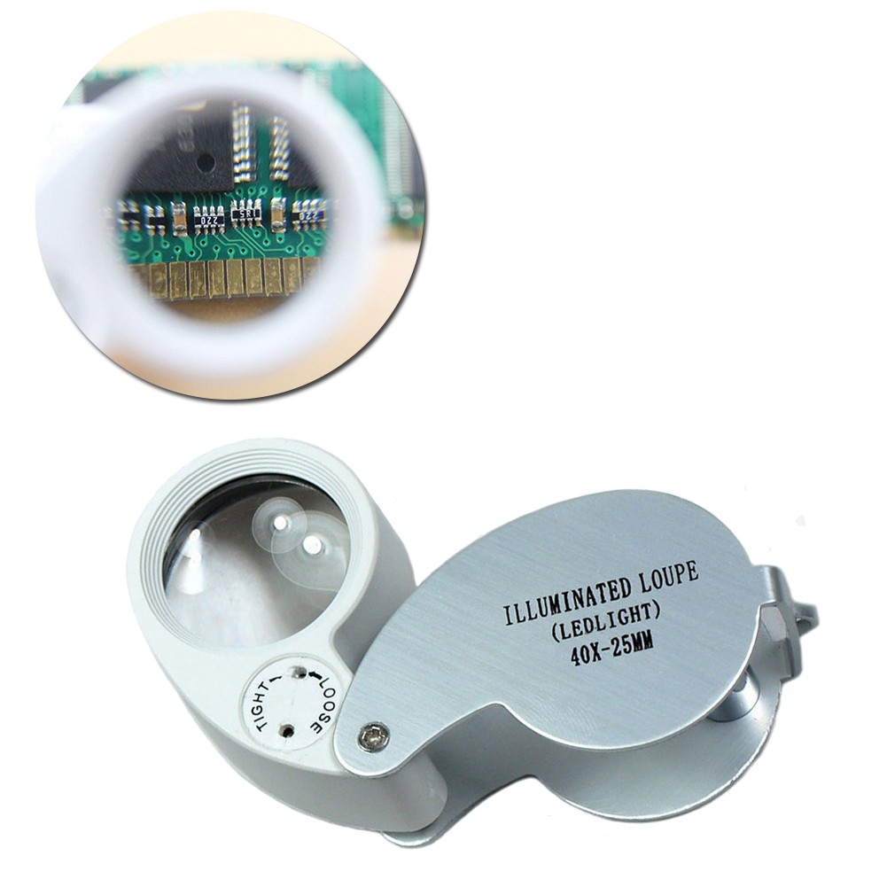 Kính lúp mini bỏ túi 40X 25mm có đèn LED chiếu sáng và hộp đựng nhựa tiện lợi