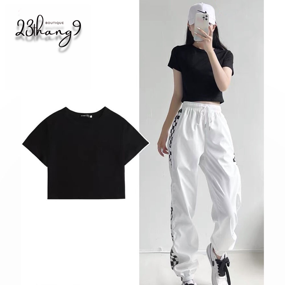 Áo croptop nữ cổ tròn áo ôm body tay ngắn chất vải dày dặn croptop trơn dáng basic đen trắng cá tính sexy 23thang9
