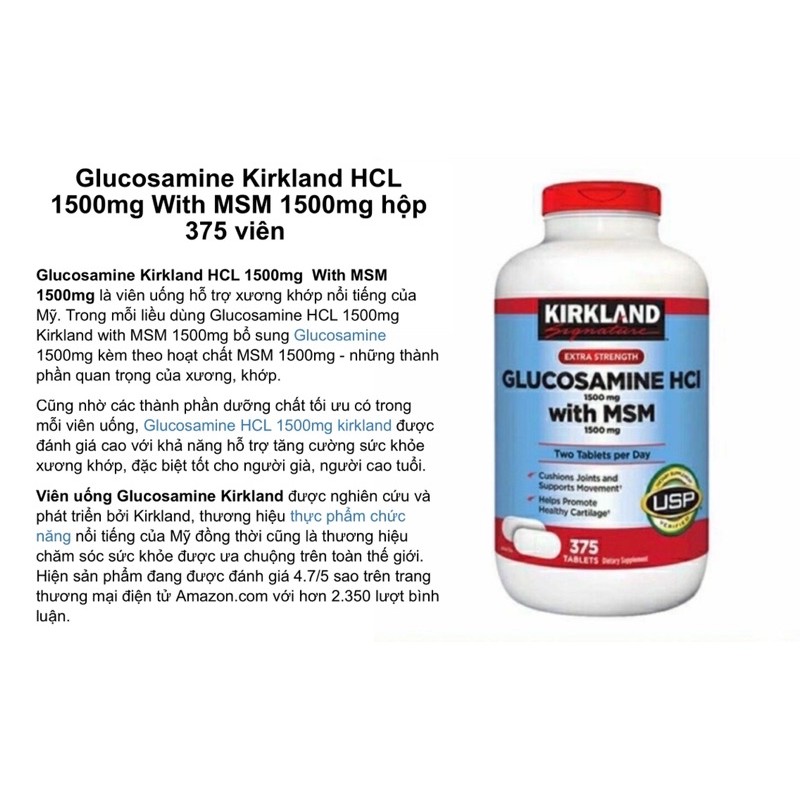 [Hàng Mỹ] Viên uống Glucosamin HCL 1500mg With MSM 1500mg glucosamine Kirkland 375 Viên- Mẫu Mới