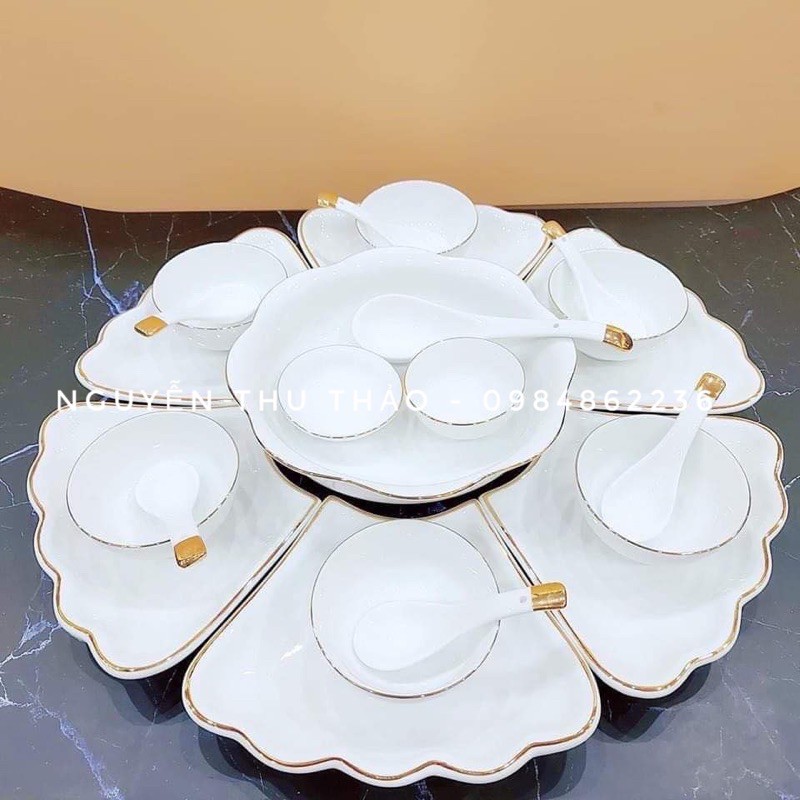 Bộ bát đĩa hoa mặt trời trắng viền vàng Bát Tràng
