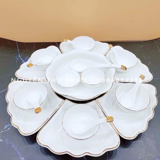 Bộ bát đĩa hoa mặt trời trắng viền vàng Bát Tràng