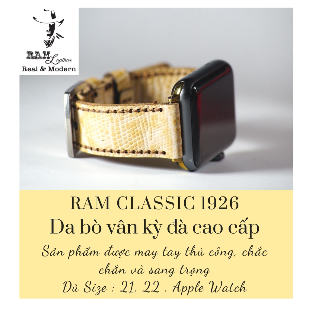 Dây đồng hồ RAM Leather vintage 1926 da bò vân kỳ đà trắng