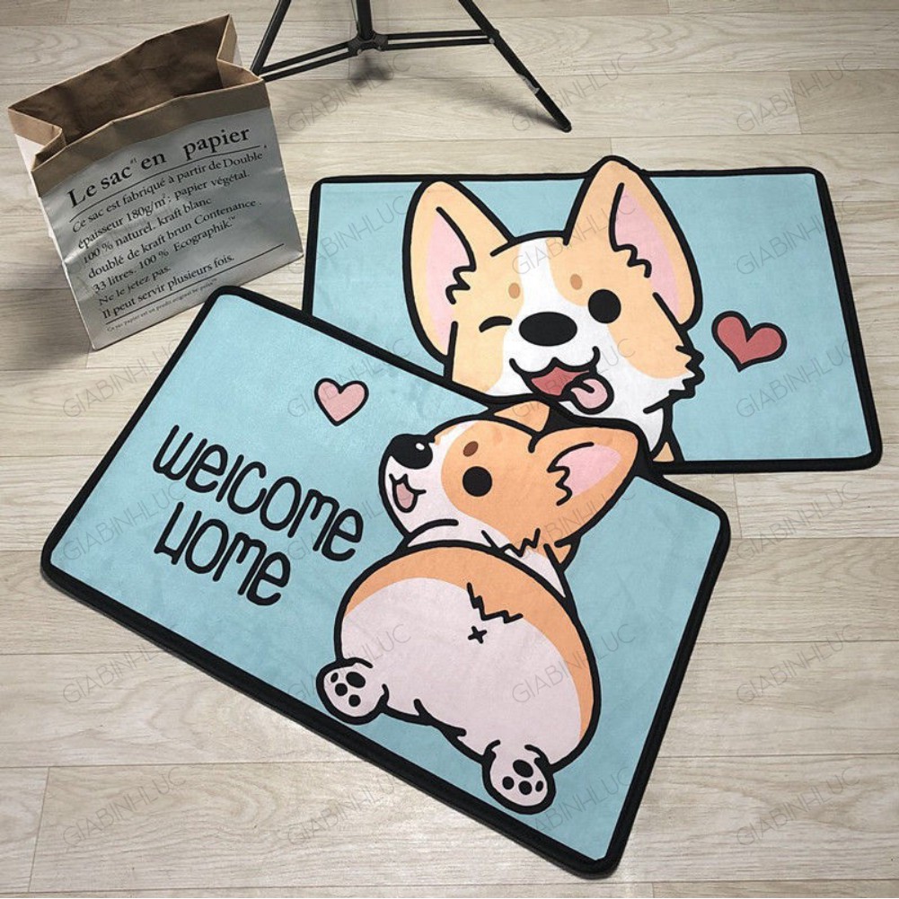 Thảm chùi chân chống trượt 3D hình corgi mẫu mới thảm chùi chân cửa ra vào loại mịn tiện dụng giá rẻ