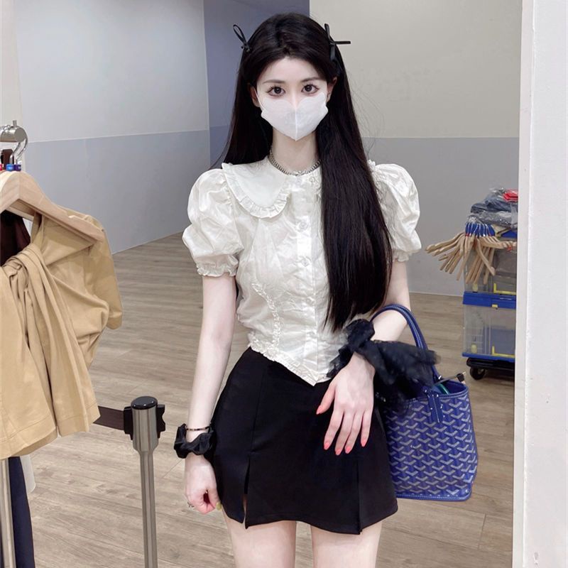 Áo Sơ Mi Tay Ngắn Phồng Cổ Búp Bê Ôm Dáng Phong Cách Hàn Quốc Thời Trang Cho Nữ