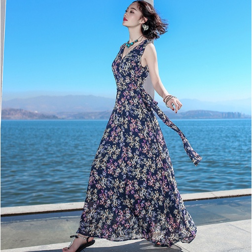 Đầm Chữ A Dáng Rộng Không Tay Cổ Chữ V In Họa Tiết Hoa Phong Cách Bohemian Dành Cho Nữ