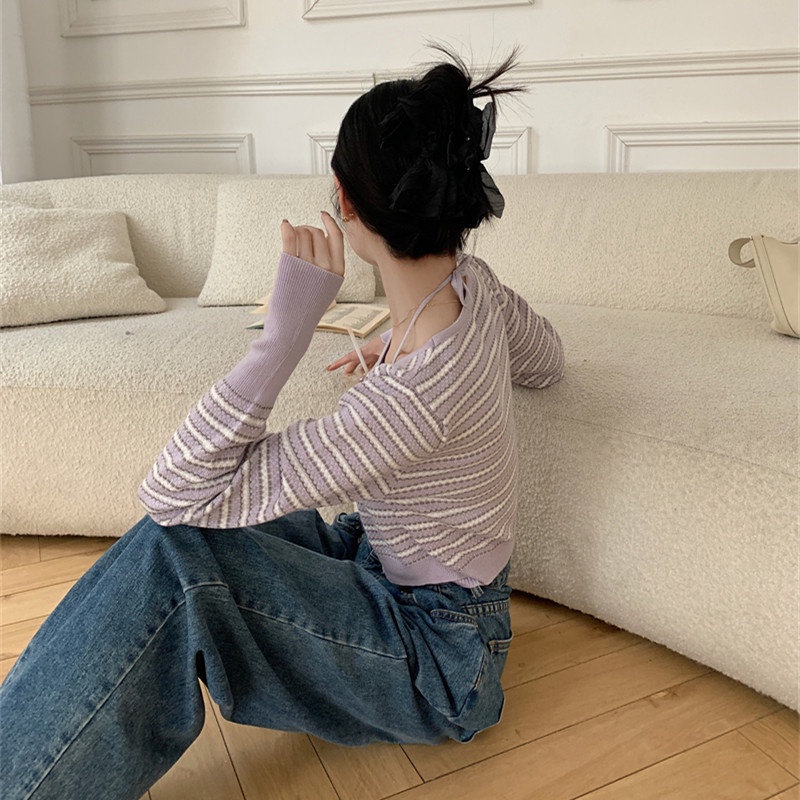 Set Áo Khoác Cardigan Họa Tiết Kẻ Sọc Và Áo Hai Dây Thời Trang Cho Nữ