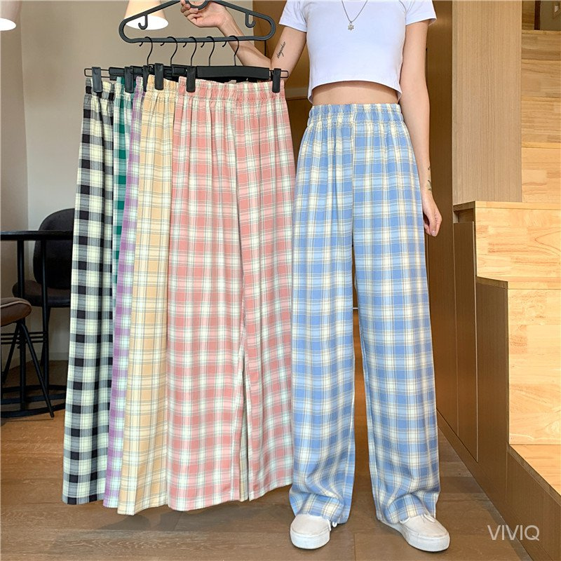 [Spot]   Pants for Women Summer Thin2021New straight loose casual plaid trousers mopping the floor high waist wide leg pants