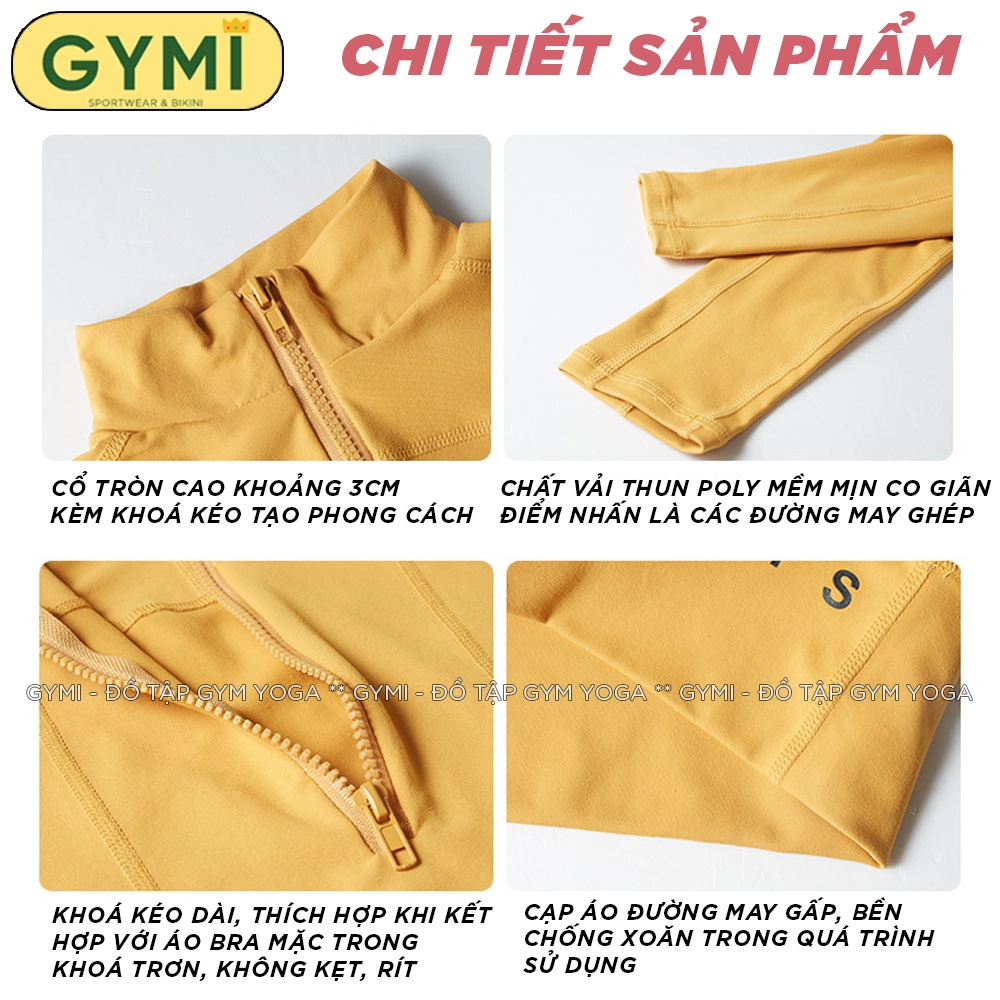 Áo tập gym yoga nữ dài tay GYMI AD13 dáng croptop thể thao có khoá kéo chất thun poly mịn mát co giãn