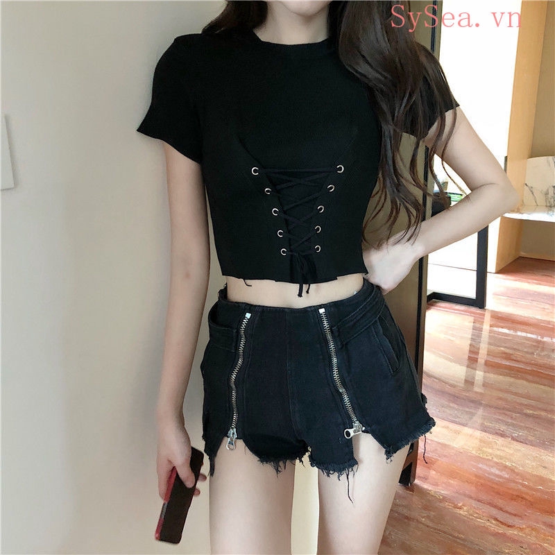 Áo Croptop Dệt Kim Tay Ngắn Thiết Kế Đơn Giản Hợp Thời Trang