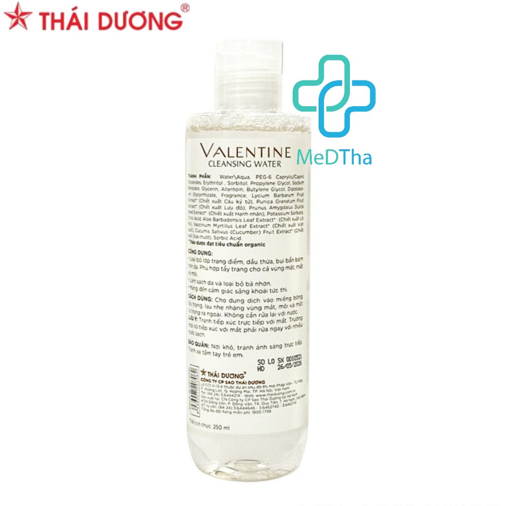 Nước tẩy trang Valentine Sao Thái Dương - Làm sạch da, lớp trang điểm, dầu thừa, dưỡng ẩm da (250ml) [Chính hãng]