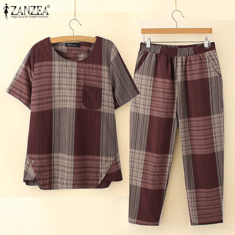 Set áo thun ngắn tay + quần dài ống rộng Zanzea thời trang nữ
